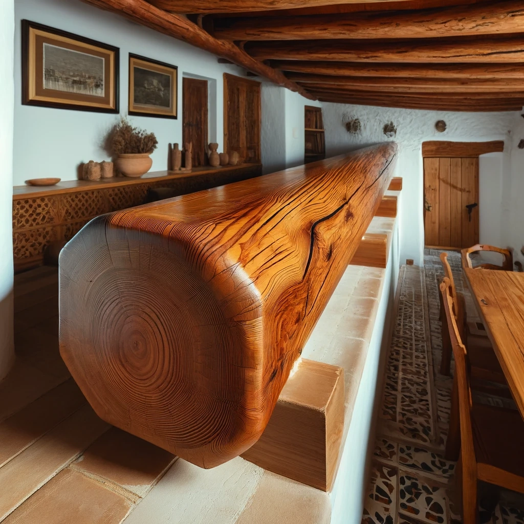 Vigas de madera restauradas en el techo de una villa histórica en Ibiza.